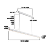 Infografía técnica: 120cm de largo, perfil de 4.5cm y cable regulable hasta 110cm.
