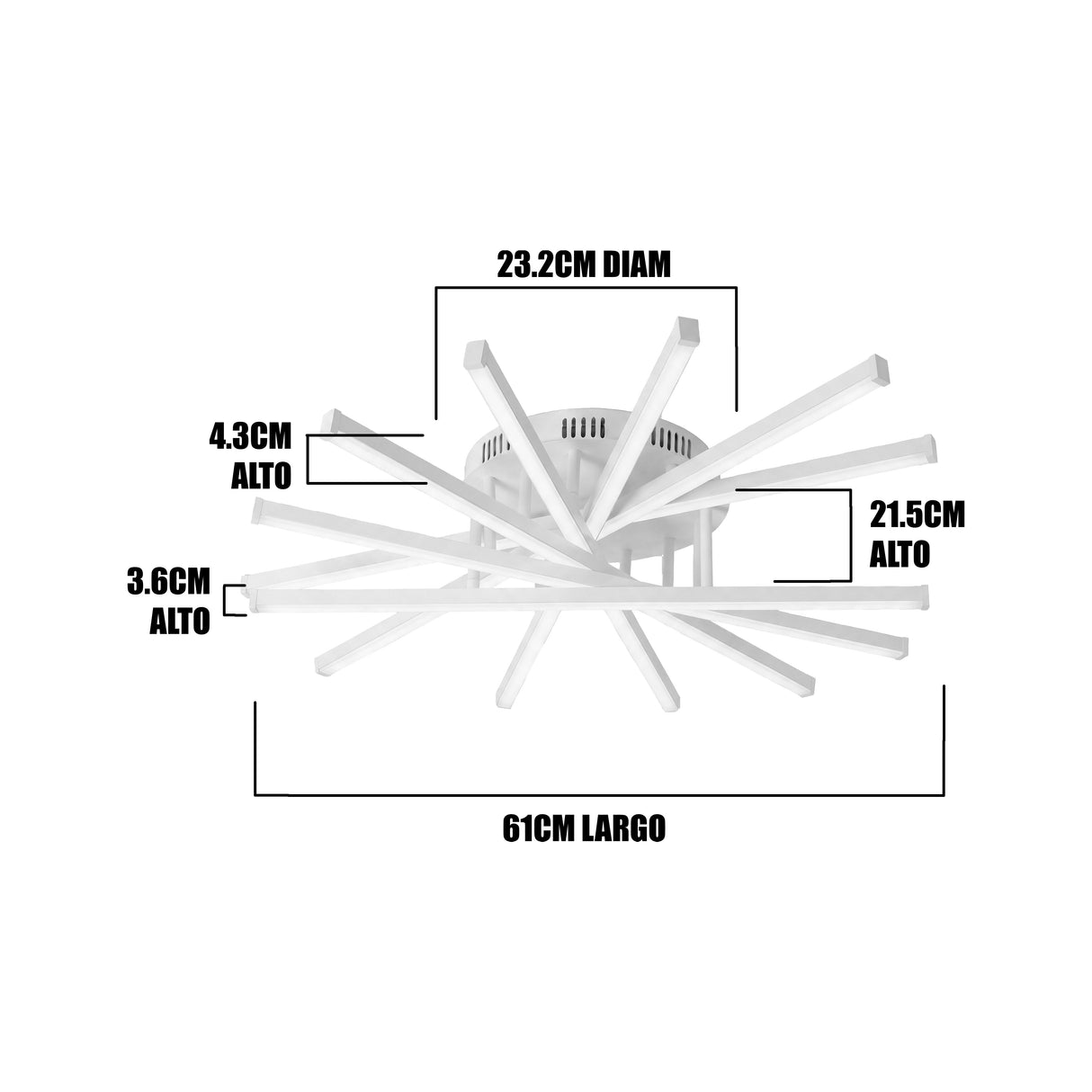 Infografía con medidas: 81cm de largo, 21.5cm de alto y base de 23.2cm de diámetro.