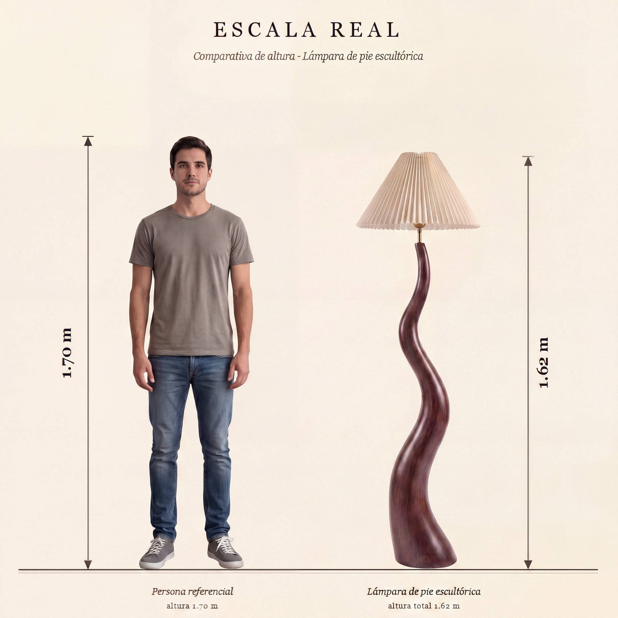 Esquema de medidas y proporciones de lámpara de pie escultural para proyectos de arquitectura interior.
