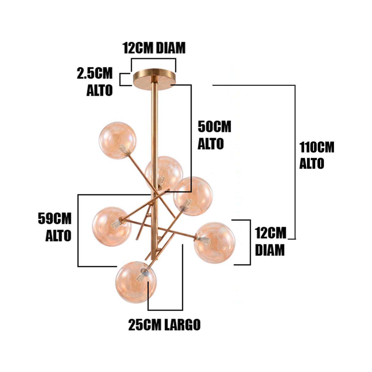 Infografía con medidas: 50cm de alto, 75cm de ancho y detalle de esferas de 12cm.