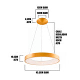 Infografía técnica: aro de 42.5cm de diámetro, 10.5cm de alto y cable regulable hasta 100cm.