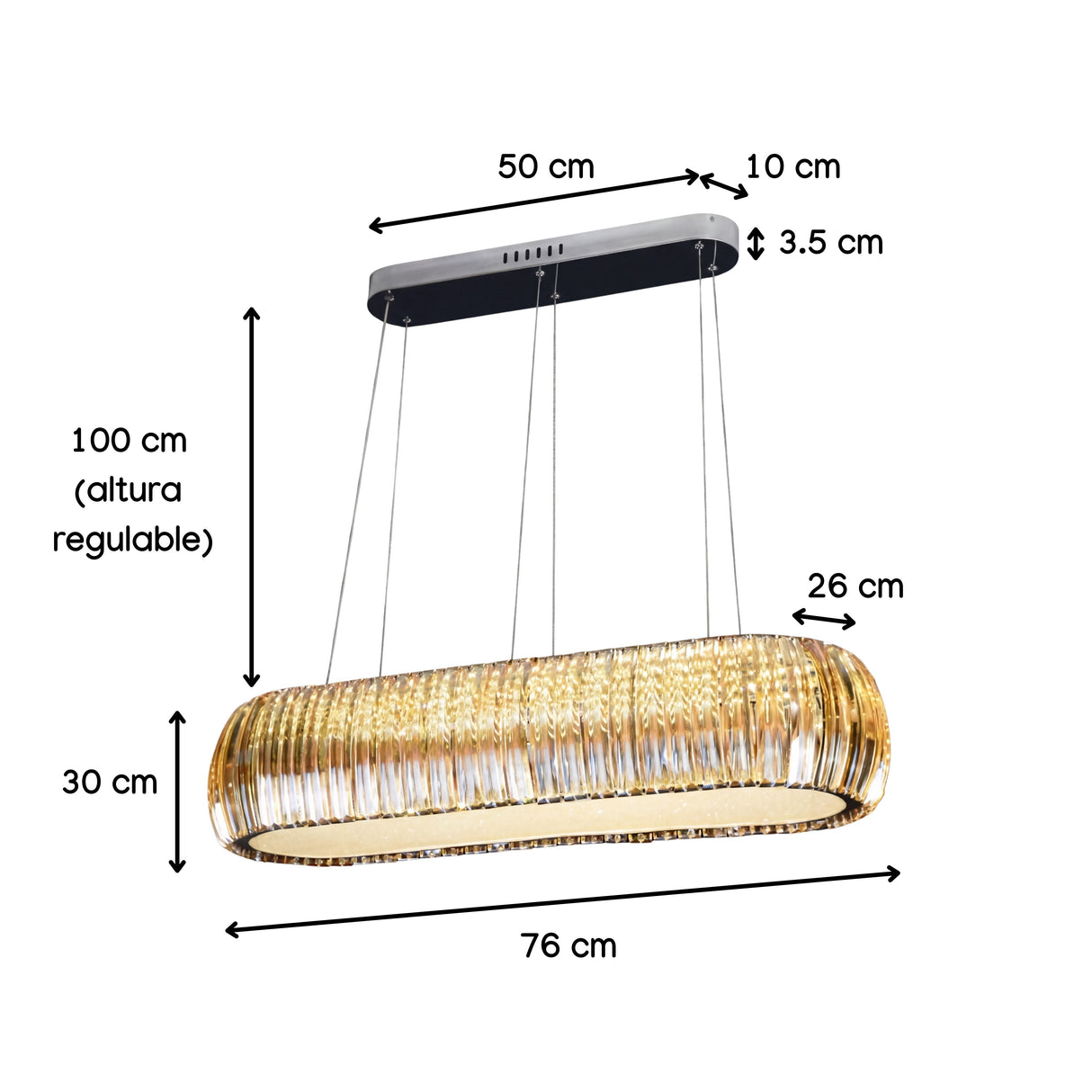 Plano técnico con medidas de altura regulable y longitud de luminaria lineal para proyectos.