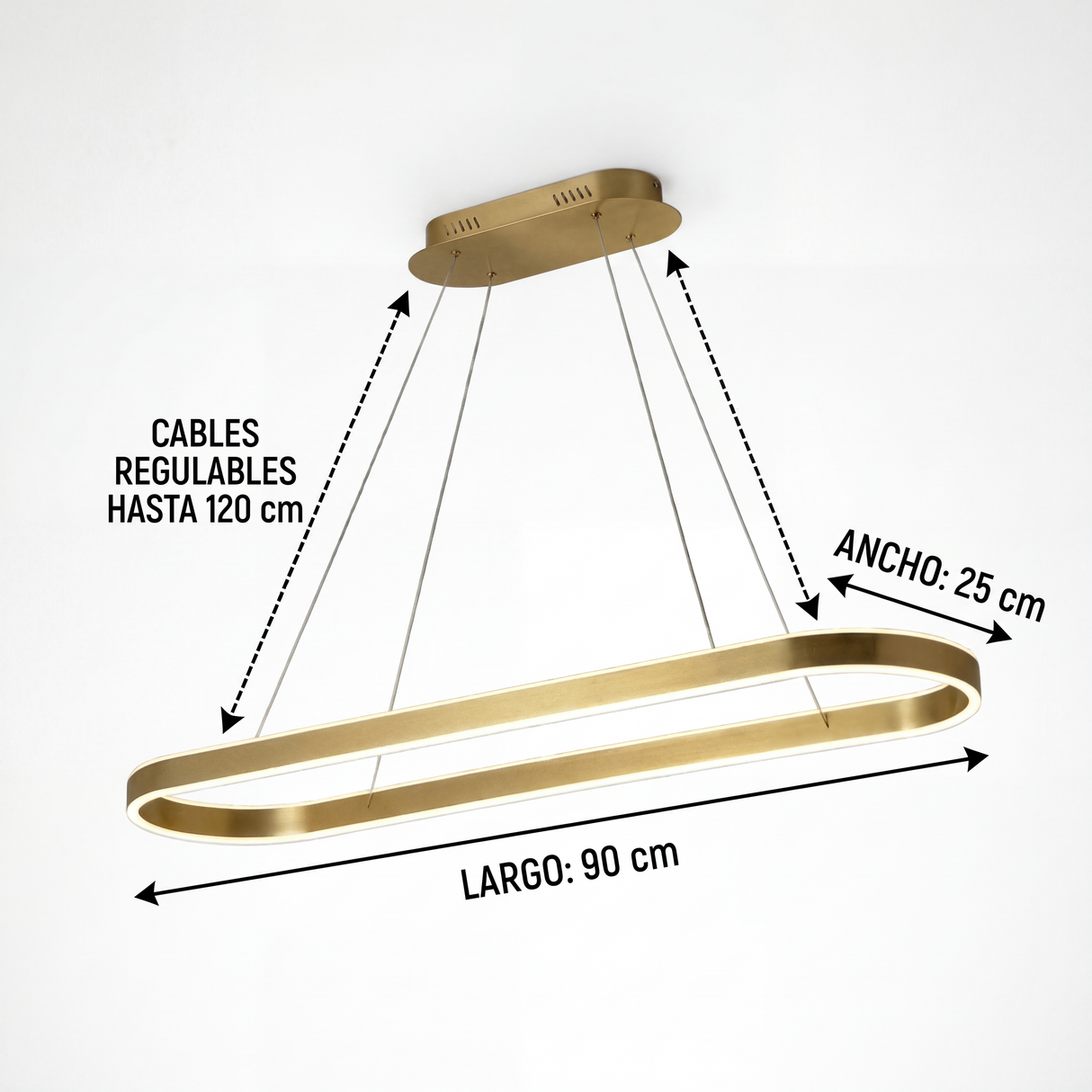 Infografía técnica que muestra las medidas de 100 cm de largo y cables ajustables de la lámpara.