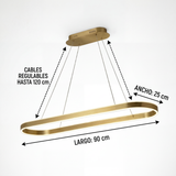 Infografía técnica que muestra las medidas de 100 cm de largo y cables ajustables de la lámpara.
