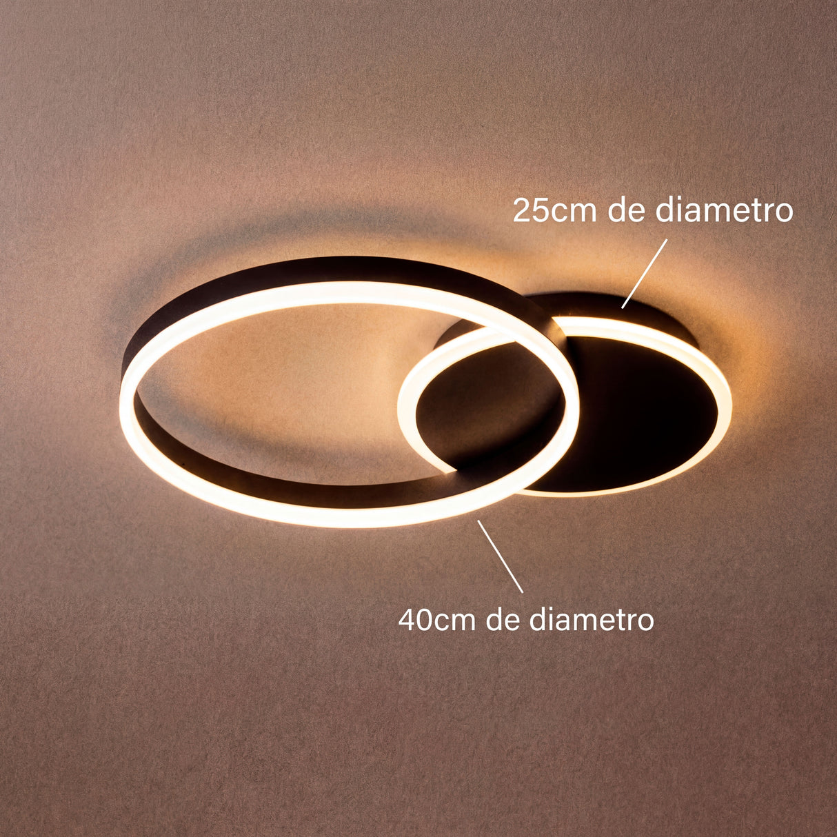 Infografía técnica con medidas de los aros entrelazados de 25cm y 40cm de diámetro.