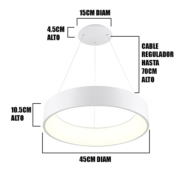 Infografía con medidas de altura regulable y diámetro de luminaria circular técnica.