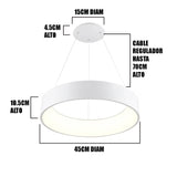 Infografía con medidas de altura regulable y diámetro de luminaria circular técnica.