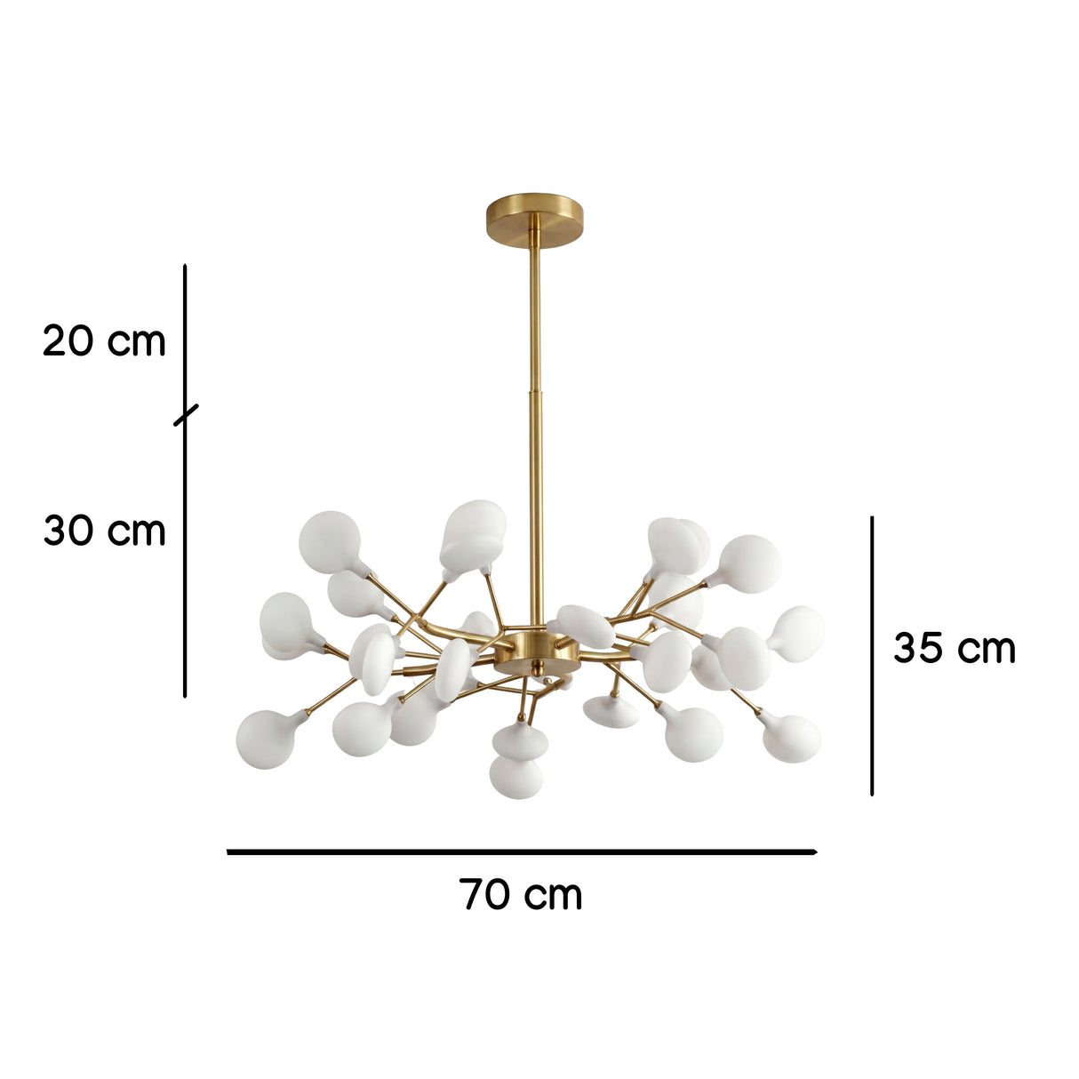 Dimensiones de iluminacion de lujo para dormitorio master con lampara Sputnik Nativa en acabado oro.
