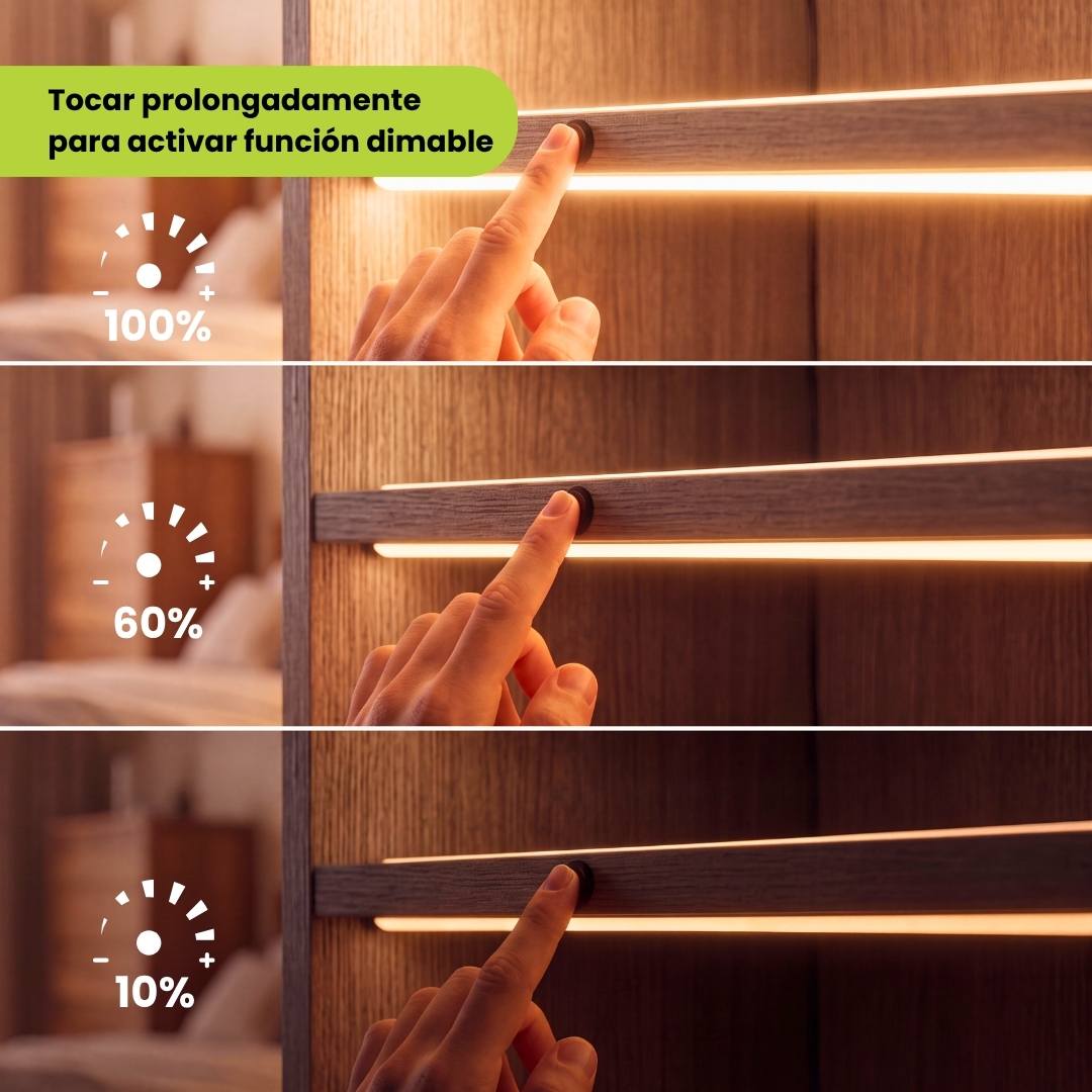 Dimmer táctil regulando tres niveles de intensidad de cinta LED en repisas