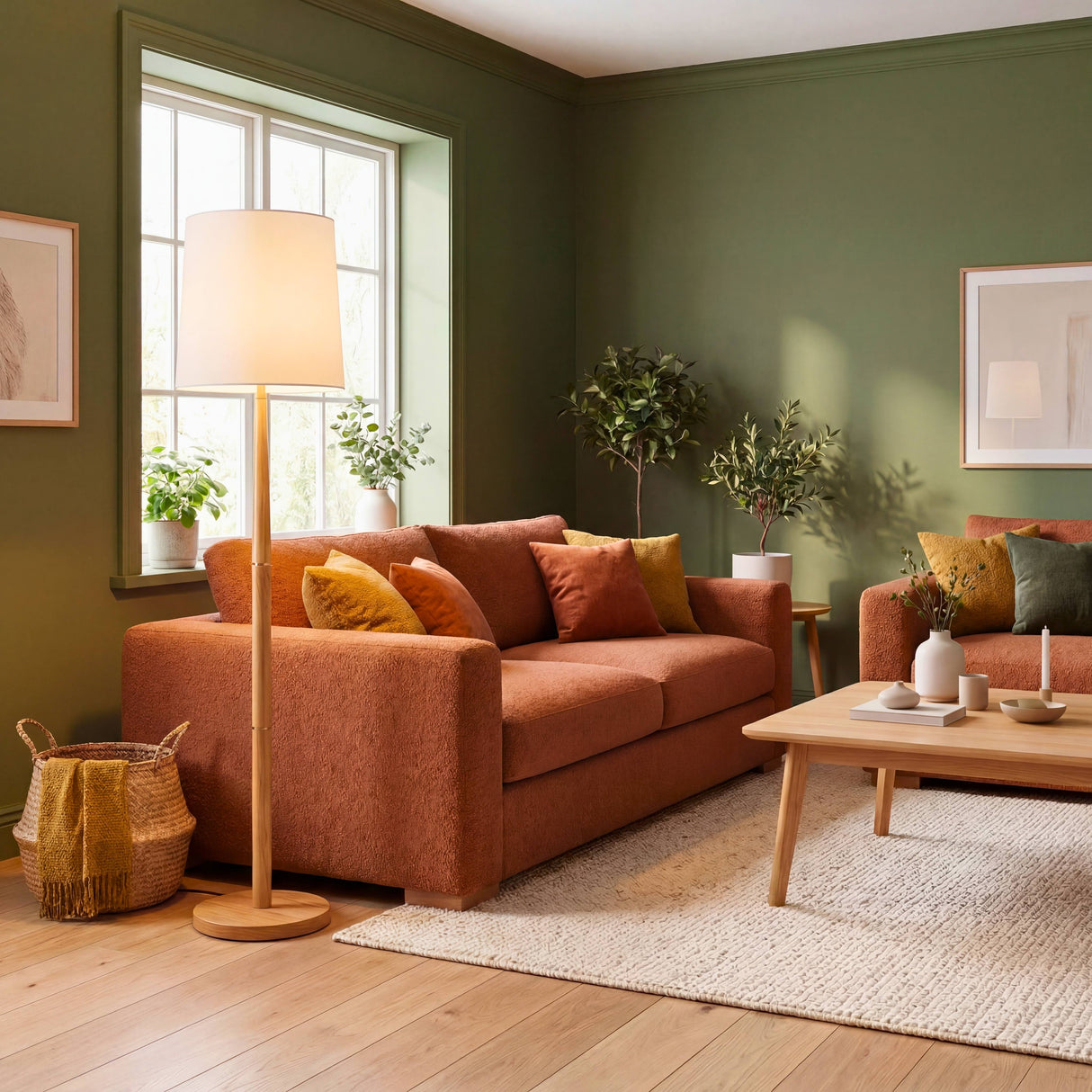 Integración de lámpara de pie de madera en una sala contemporánea con paleta cromática basada en la naturaleza.