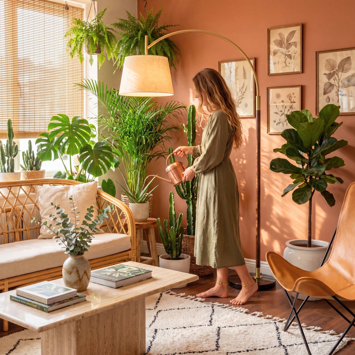 Salón de estilo biofílico con plantas iluminado por lámpara de pie curva con acabados premium.