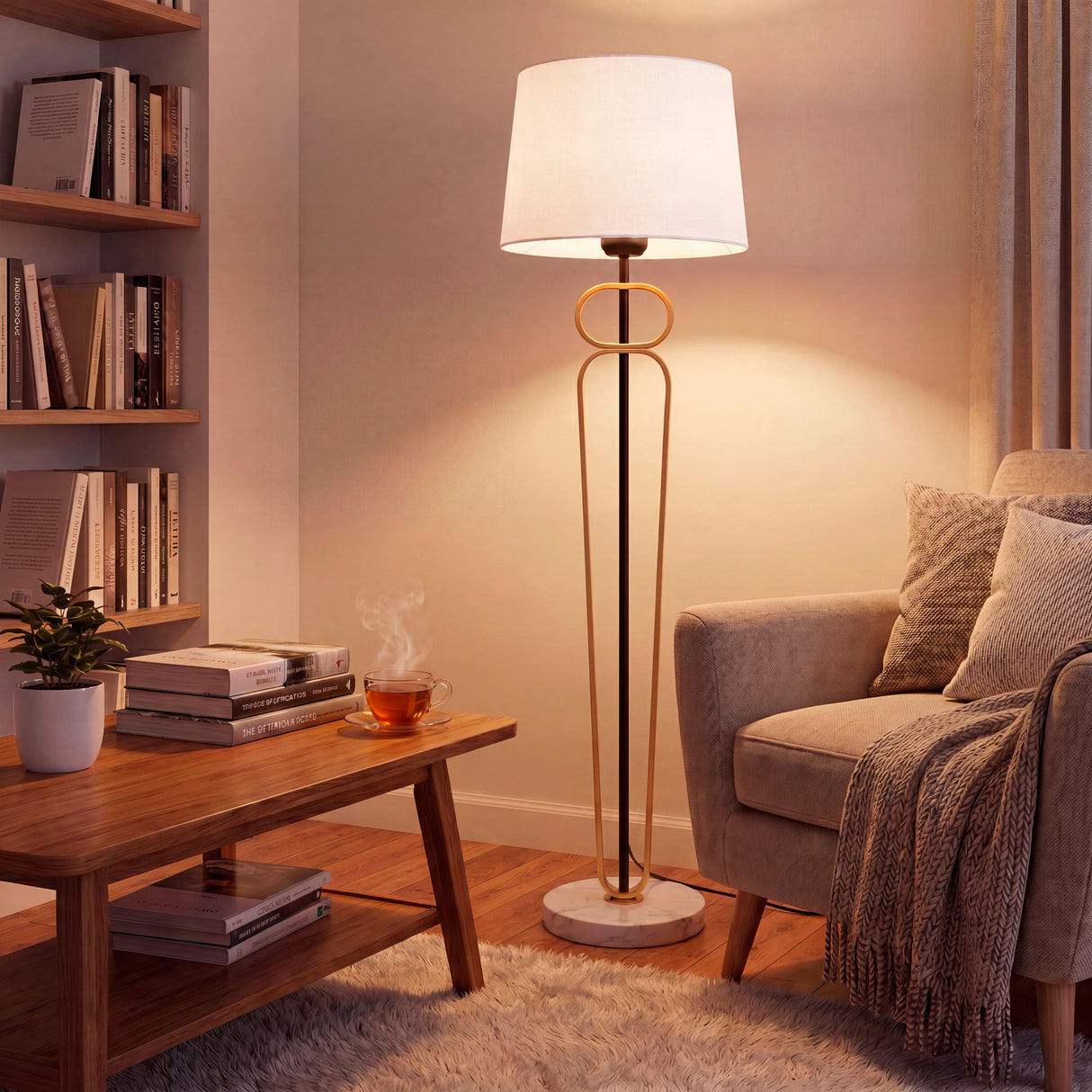 Configuración de iluminación residencial en esquina junto a mesa de centro y estanterías de madera.