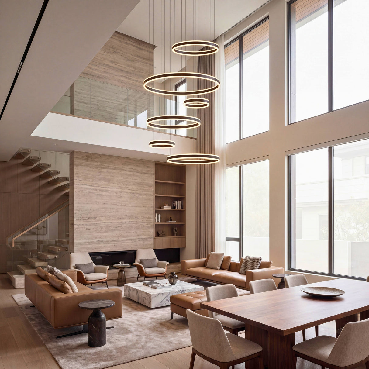Amplio salón contemporáneo con chimenea y ventanales integrando una gran lámpara de diseño en el área social.