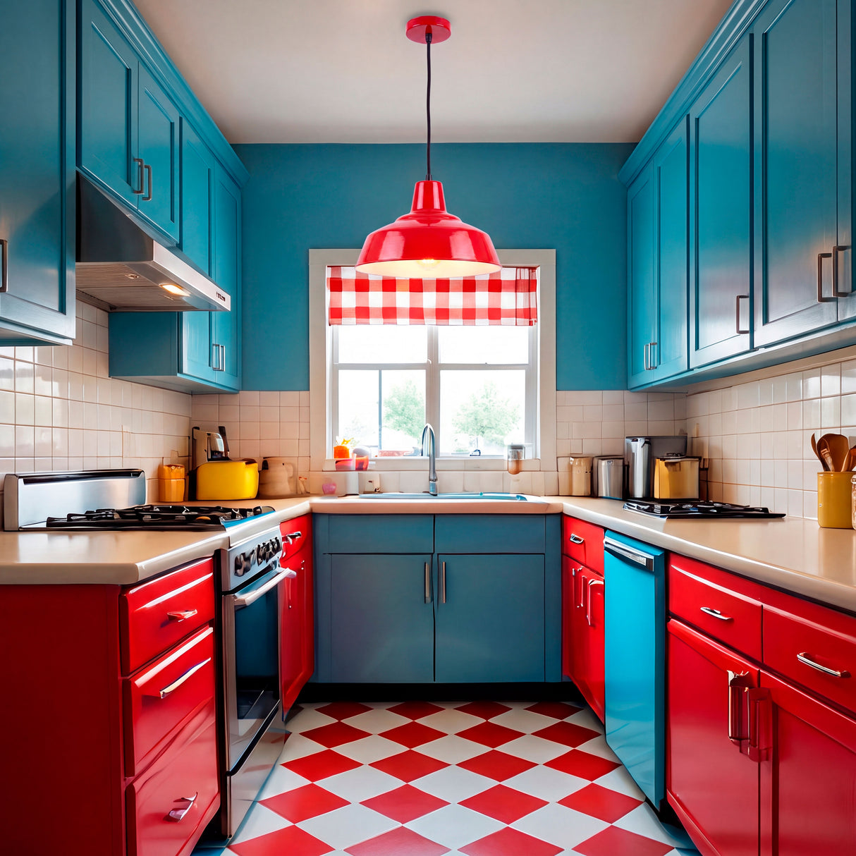 Campana metálica roja integrada en un espacio con pisos damero que resalta la arquitectura contemporánea.