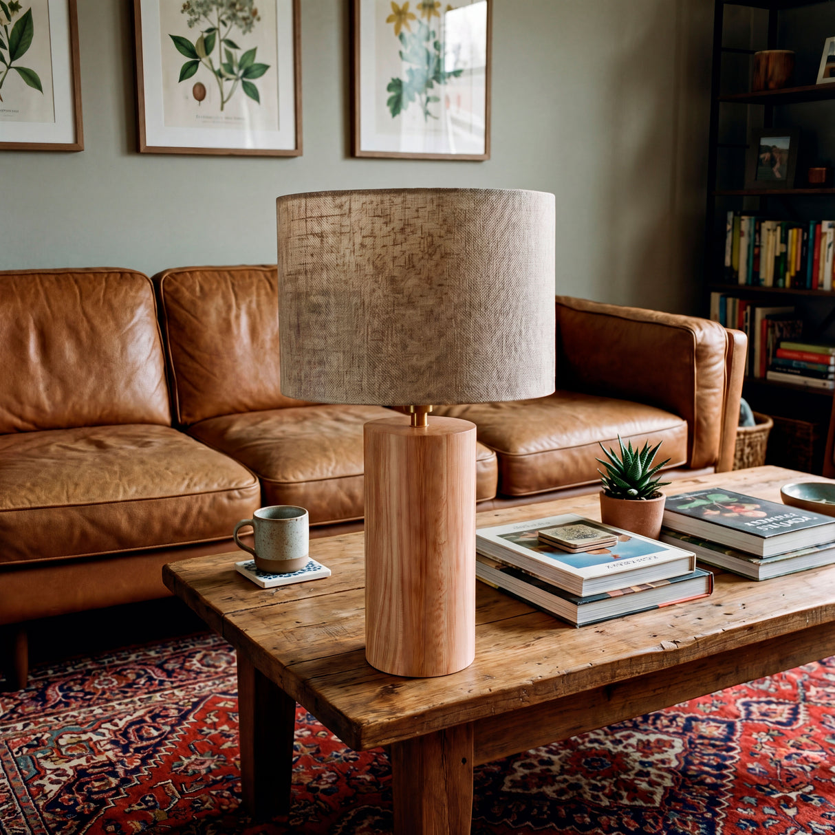 Lámpara cilíndrica de madera sobre mesa de centro en salón moderno con sofá de piel.