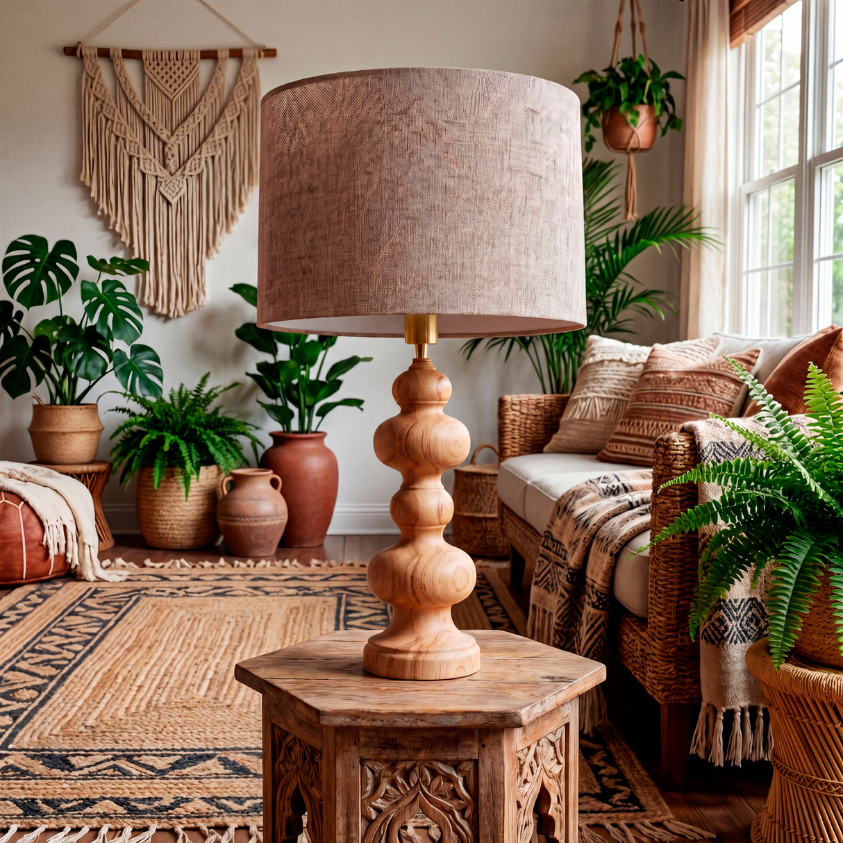 Lámpara totem en salón de estilo boho-chic con plantas naturales y alfombra técnica.