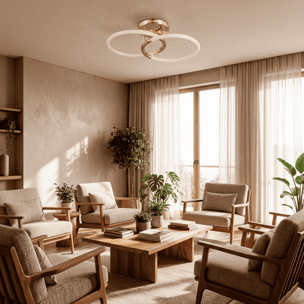 Integración de luminaria orgánica en sala de estar con abundante luz natural.