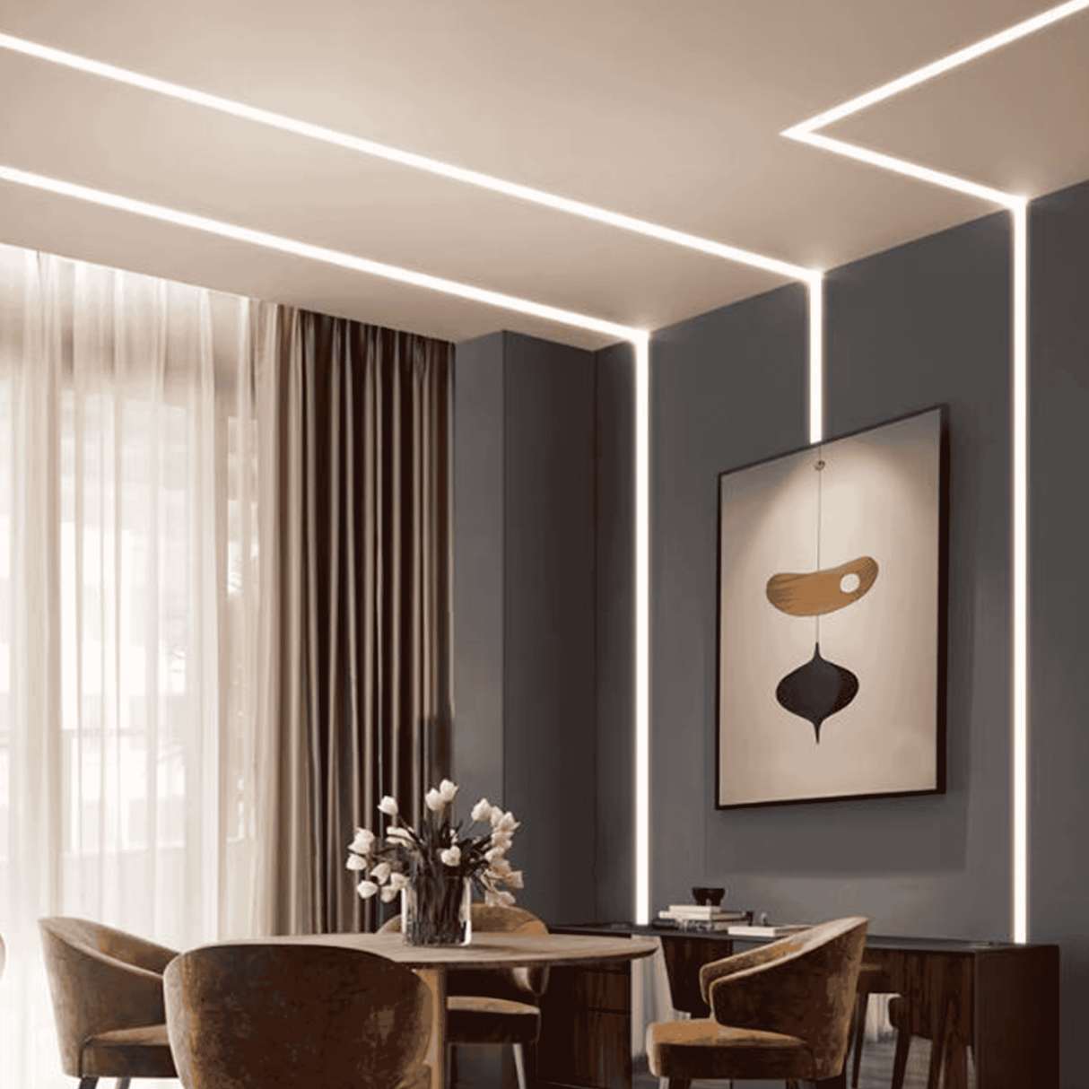 Aplicación arquitectónica de líneas de luz continuas en techos de pladur o drywall.