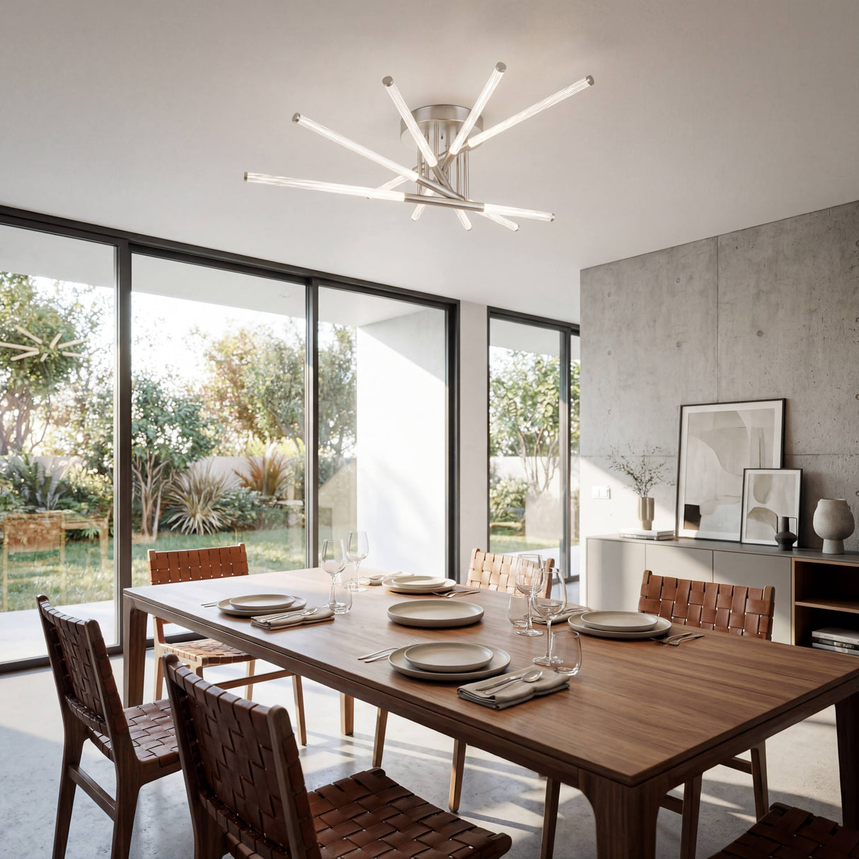 Lámpara cromada en comedor con ventanales de suelo a techo y luz cálida.