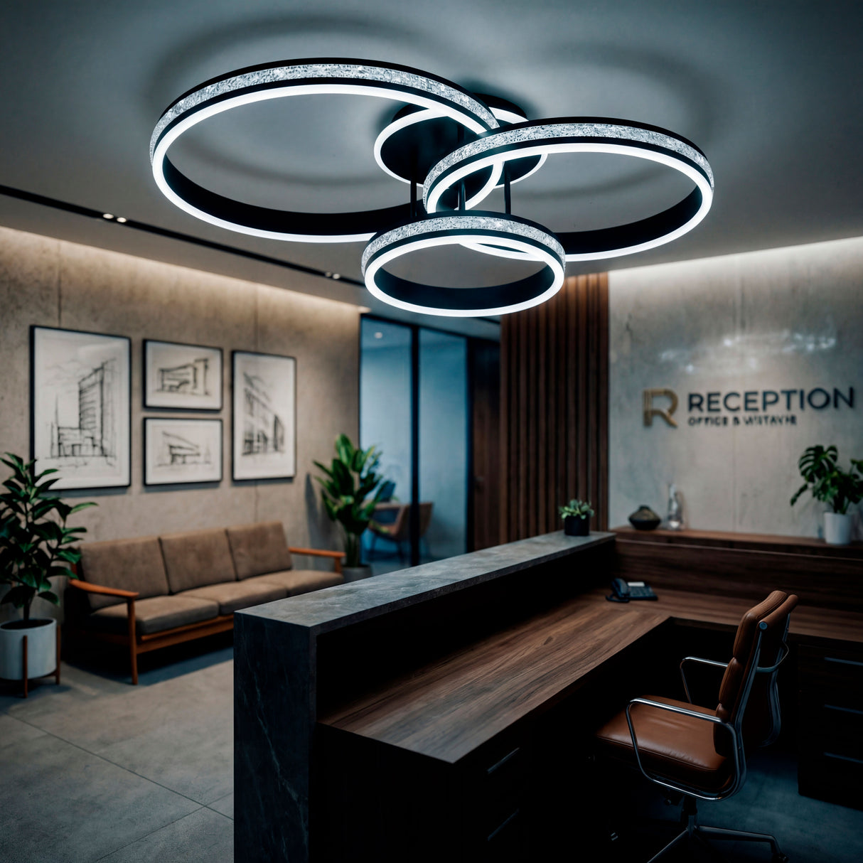 Plafón triple instalado en área de recepción con mobiliario oscuro y luz neutra.