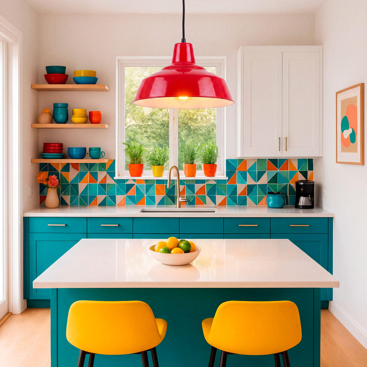 Lámpara colgante de color vibrante contrastando con una cocina moderna de arquitectura contemporánea.