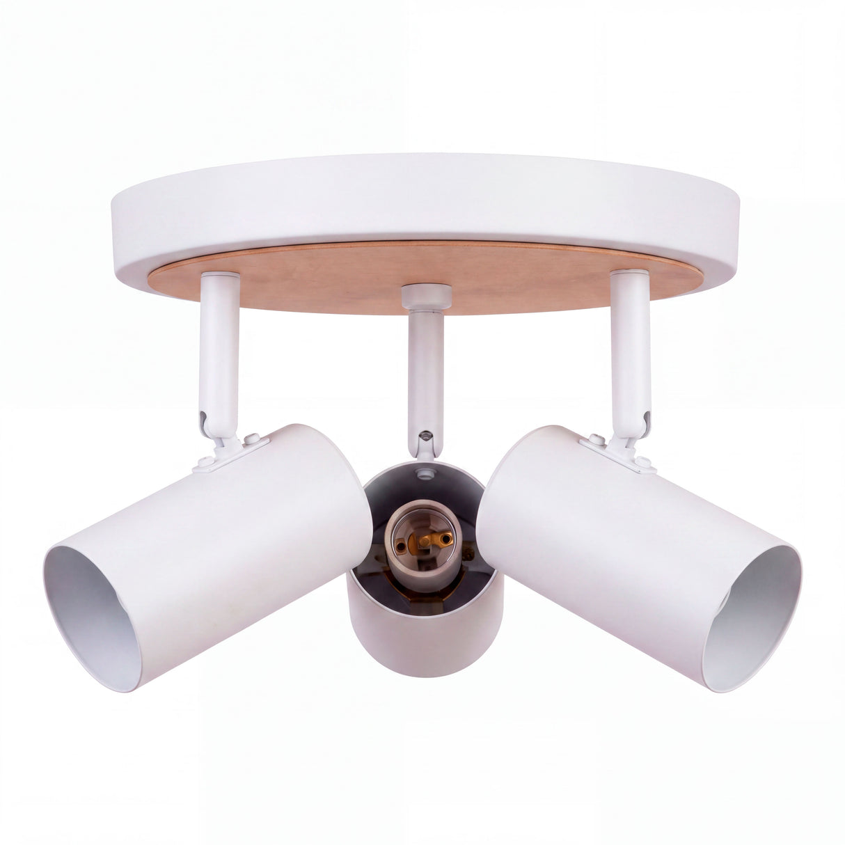 Estructura circular metálica de sobreponer con tres spots direccionables de estilo nórdico limpio.