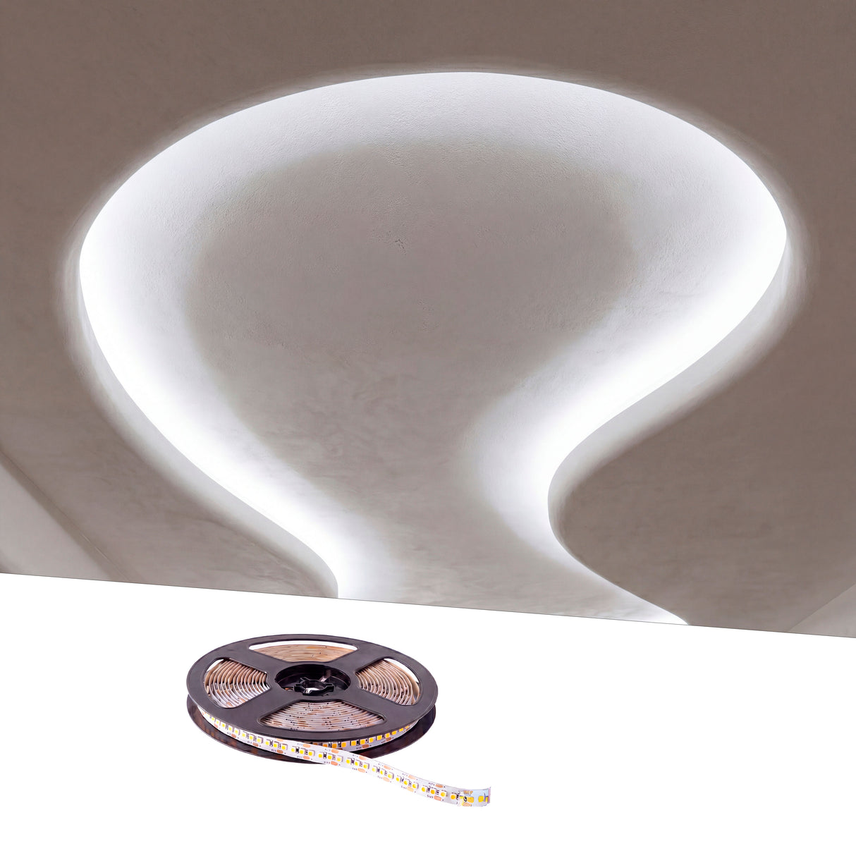 Trazo de luz continua blanca pura que demuestra la maleabilidad técnica para formas orgánicas en interiores.