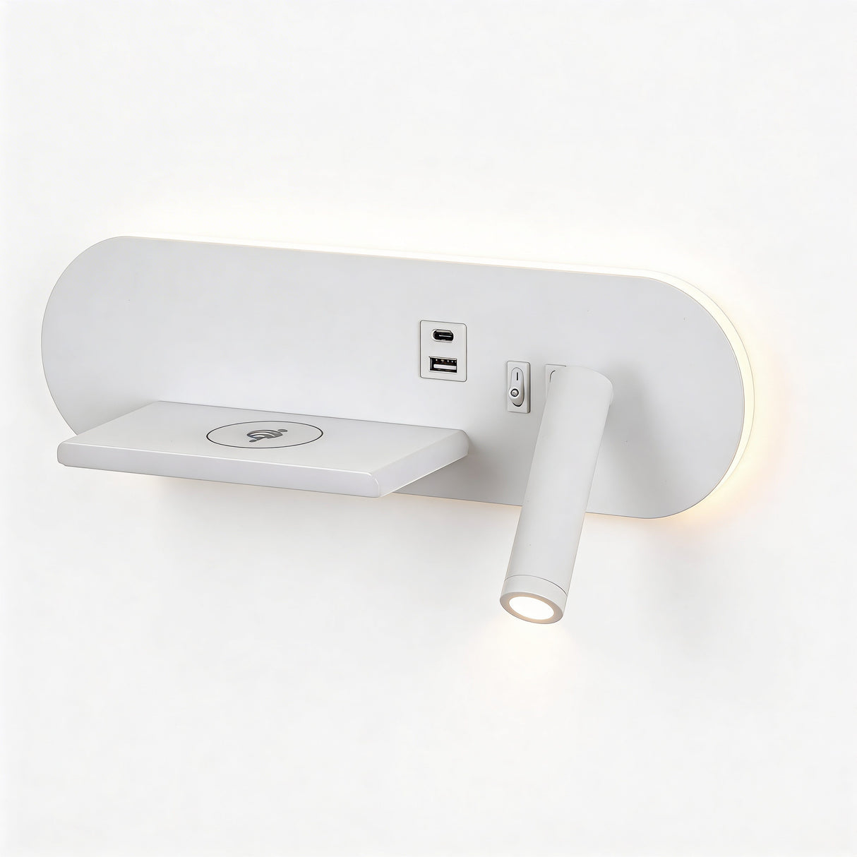 Cuerpo central de luminaria LED blanca con estante para smartphone.