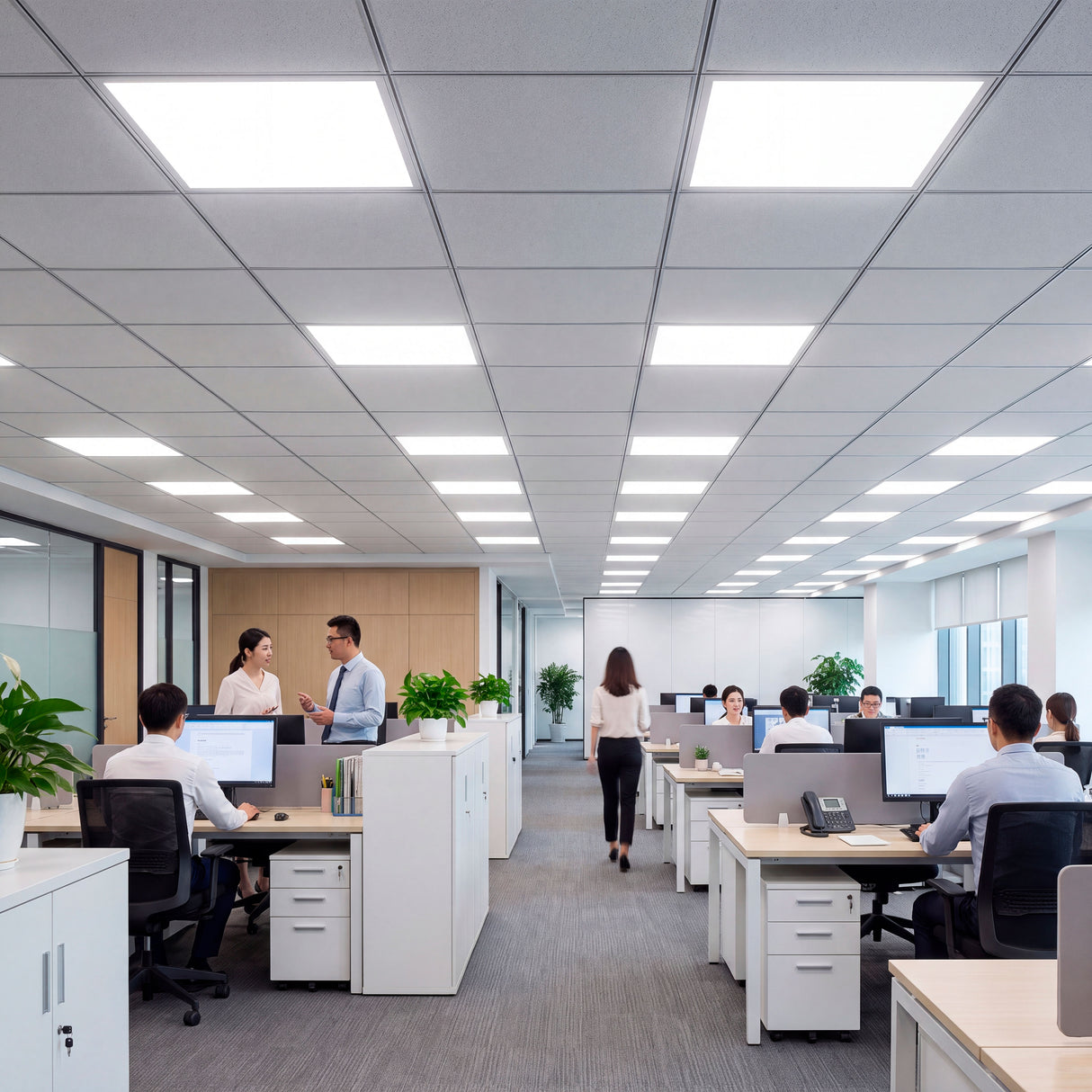 Distribución simétrica de plafones empotrables en un espacio de trabajo corporativo de arquitectura contemporánea.