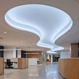 Foseado de techo con líneas sinuosas orgánicas iluminadas en oficinas de arquitectura contemporánea.