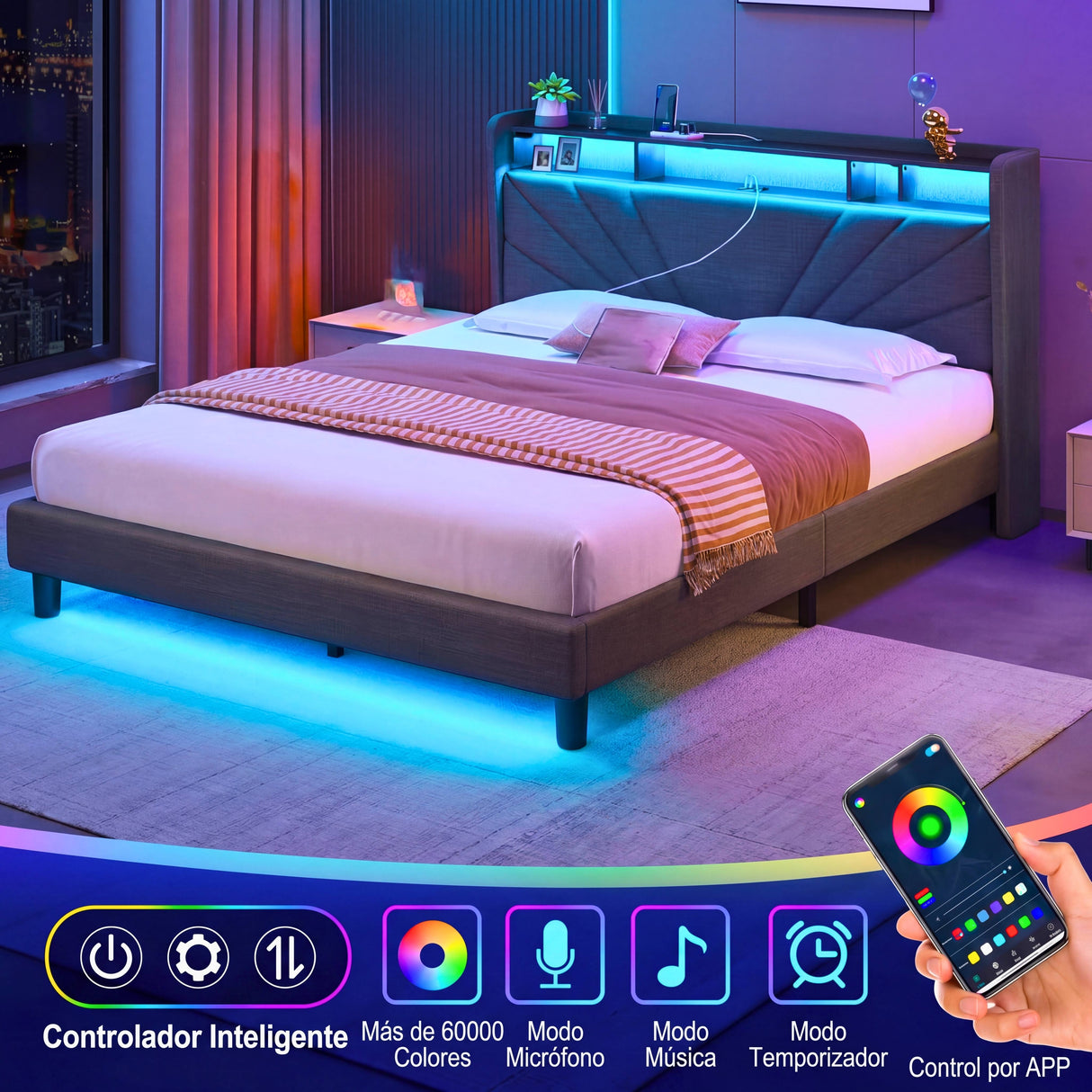 Dormitorio contemporáneo con iluminación LED de fondo integrada en la cabecera y debajo de la cama.