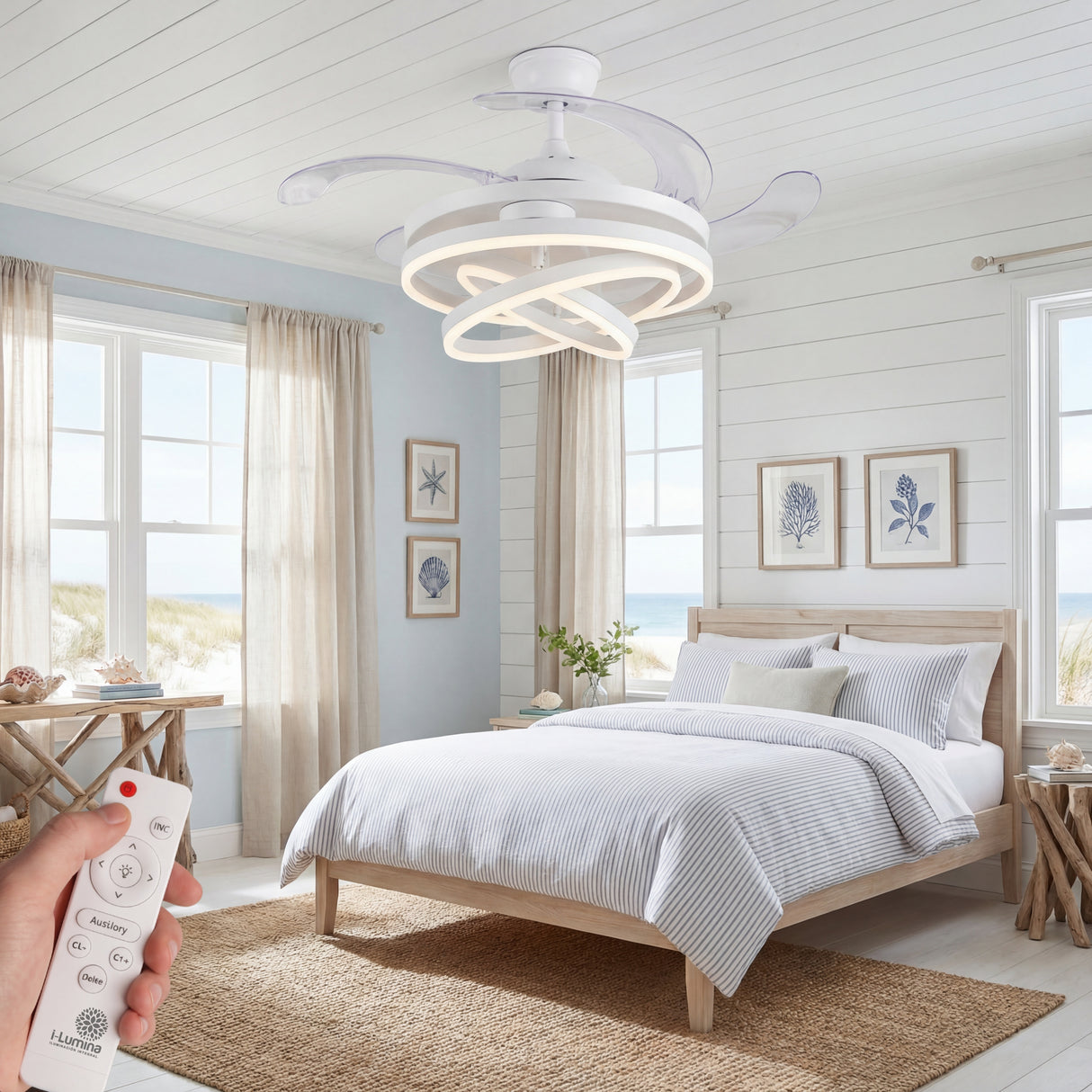 Habitación de huéspedes estilo nórdico con ventilador blanco de aspas invisibles.