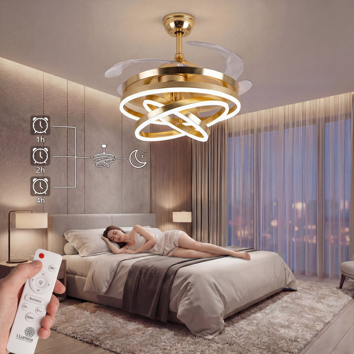 Suite principal de lujo con lámpara ventilador dorada y control remoto para 6 velocidades.