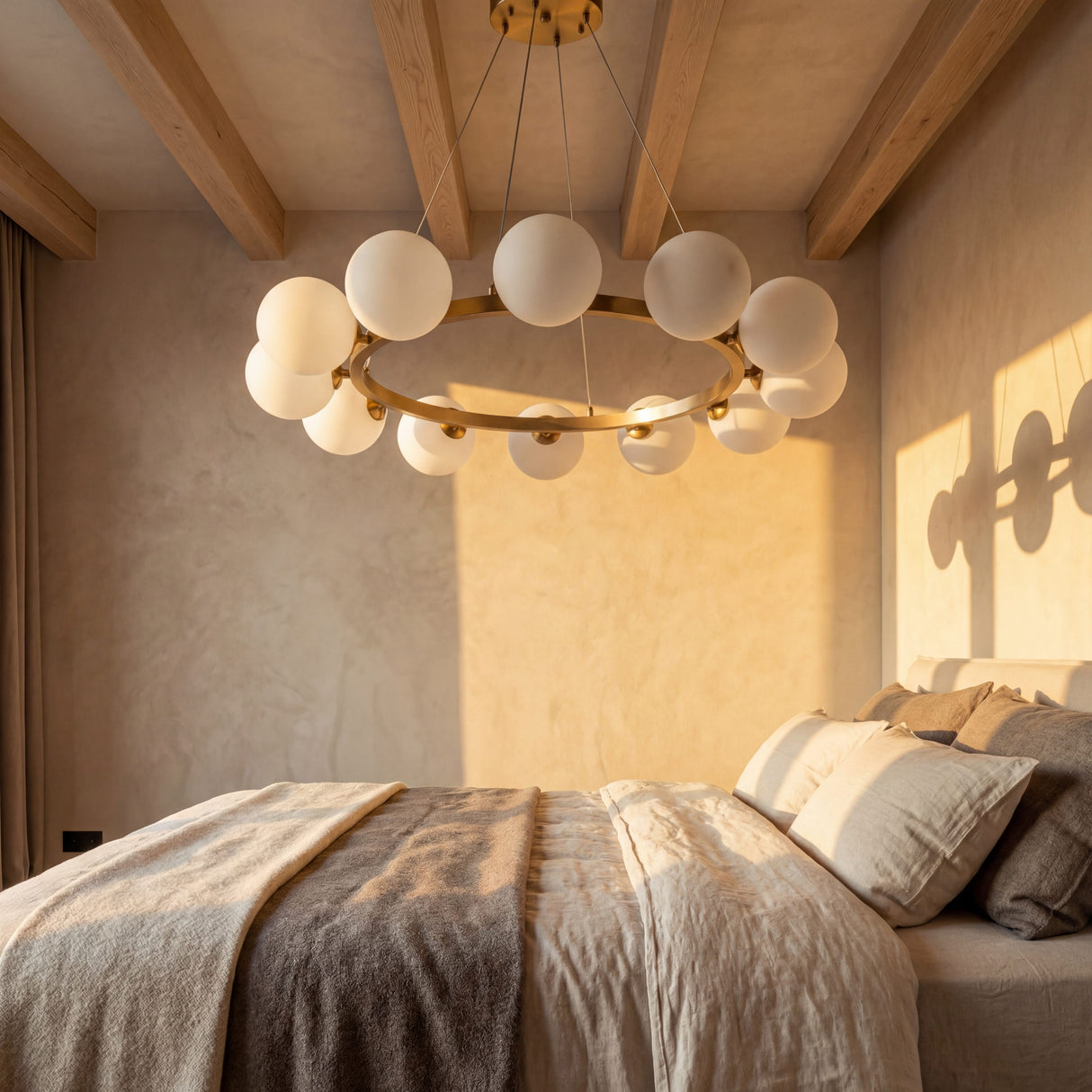 Ambiente de dormitorio principal con la lampara Collier Gold proporcionando una iluminacion calida y acogedora.