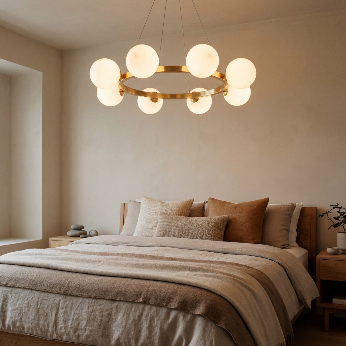 Ambiente de dormitorio con decoracion contemporanea y la lampara Collier Gold aportando luz suave y equilibrada.