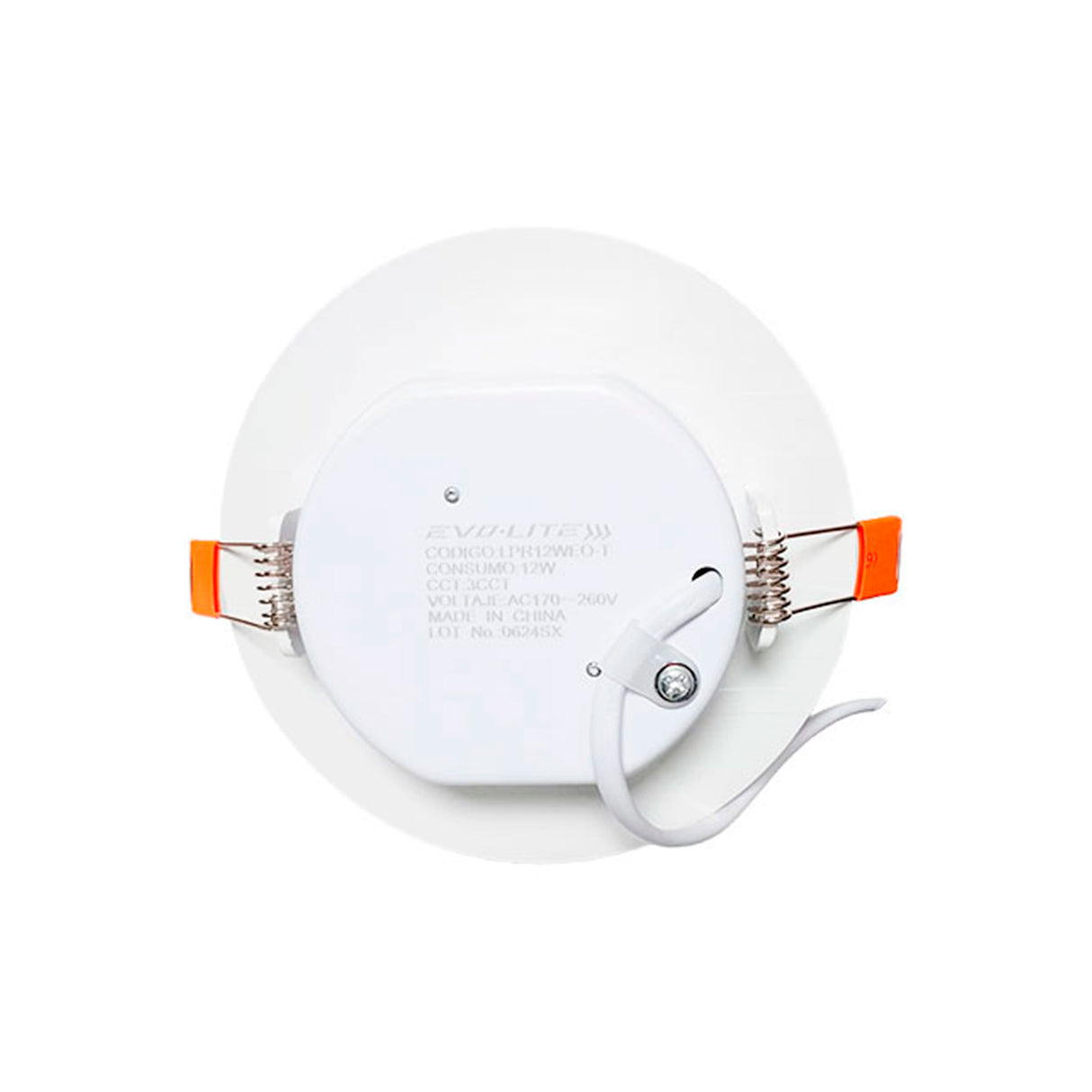 Parte trasera del spot LED mostrando el driver integrado y resortes de sujeción naranja.