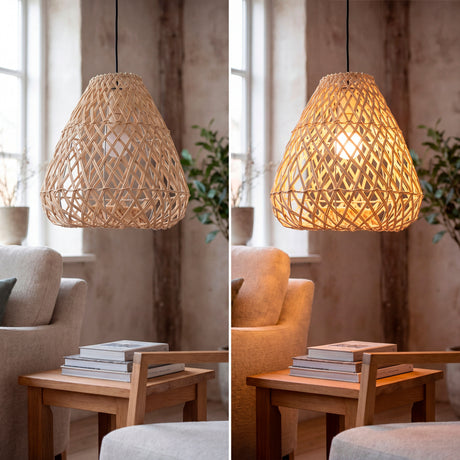 Proyección de sombras decorativas creadas por el tejido artesanal de una lámpara de rattan.