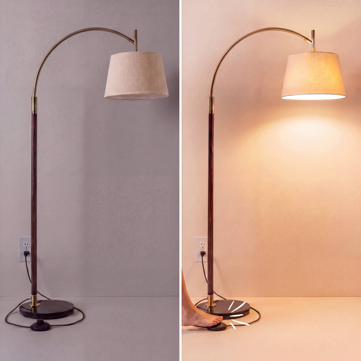 Comparativa de efecto lumínico apagado y encendido con luz cálida en luminaria de diseño arqueado.