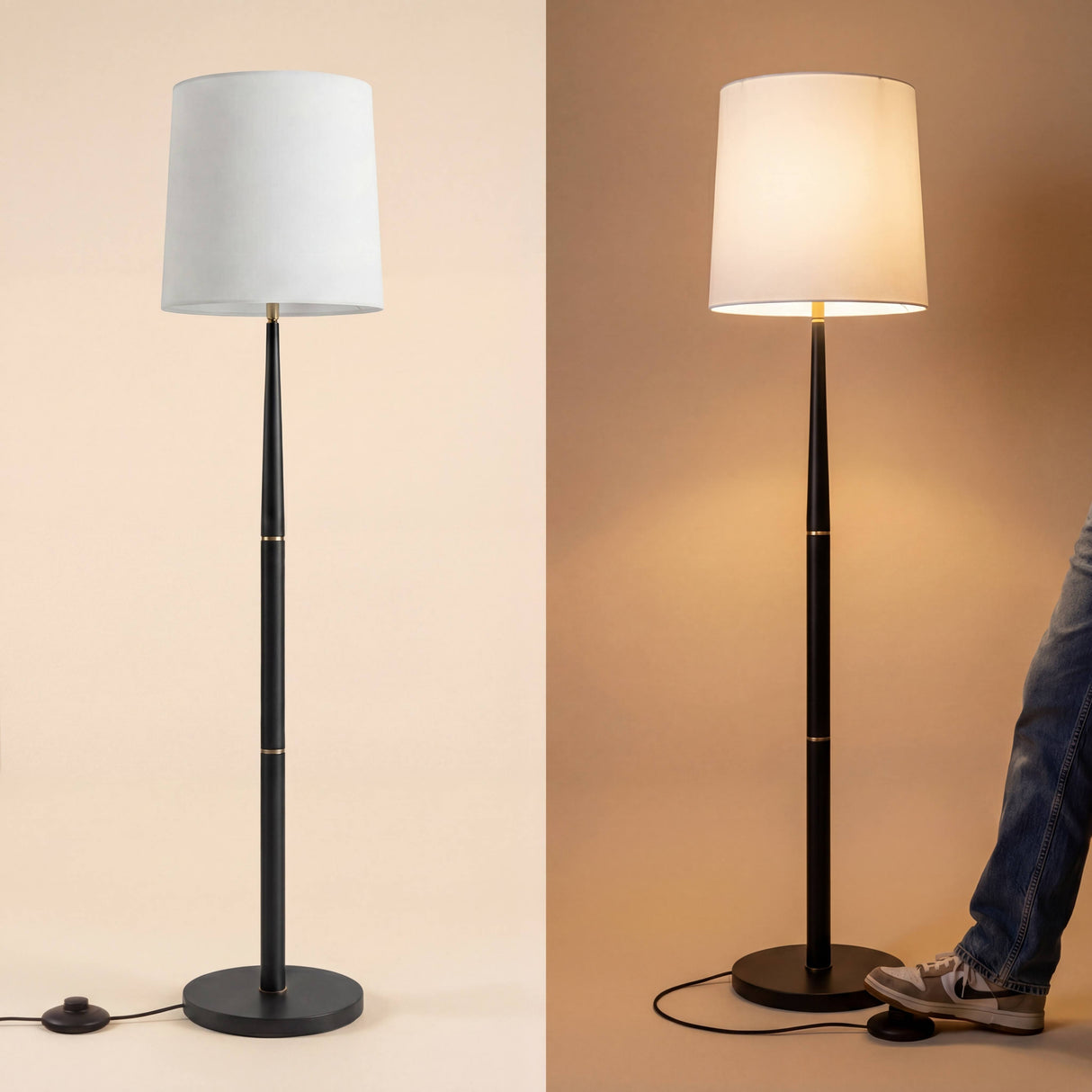 Contraste de luz difusa homogénea que muestra la calidez de la pantalla de tela blanca al encenderse.