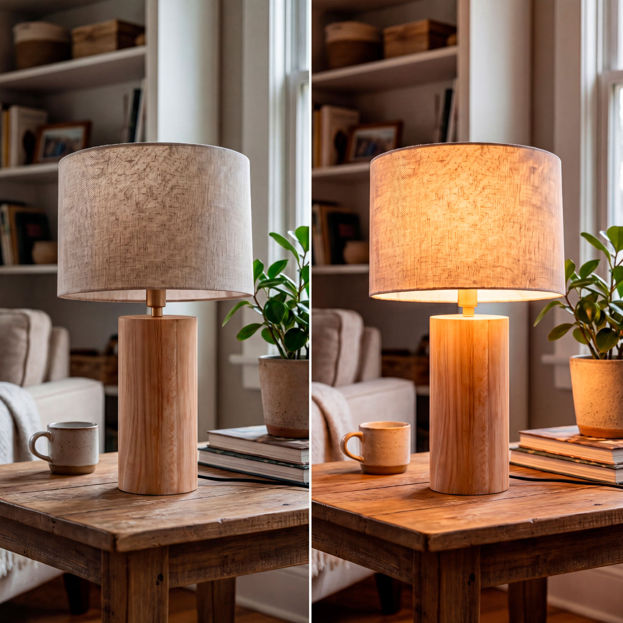 Comparativa de atmósfera lumínica en salón de diseño con lámpara de madera artesanal.