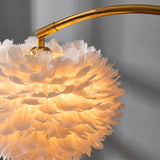 Primer plano de la esfera de plumas iluminada desde el interior, logrando una textura acolchada.