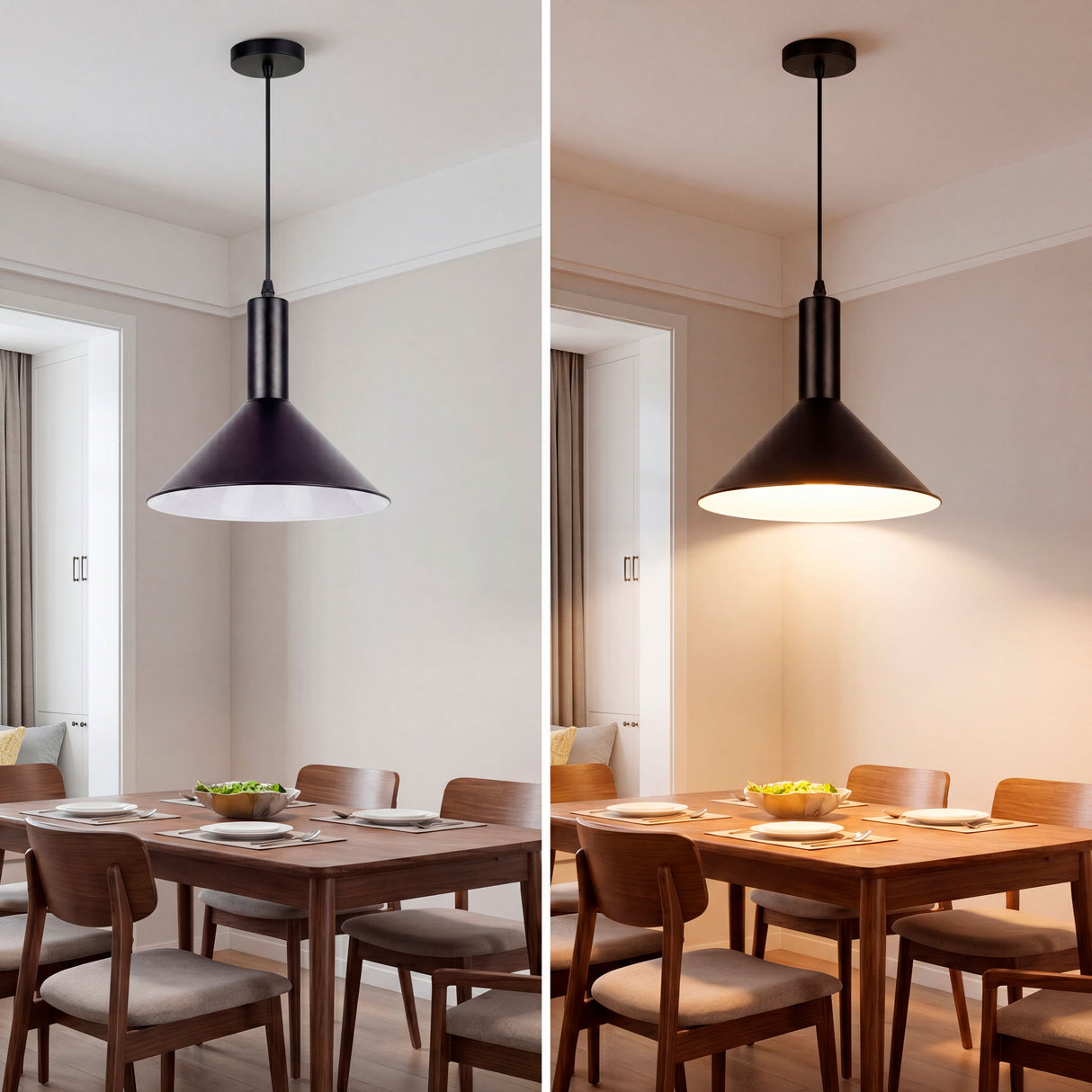 Comparativa de encendido sobre mesa familiar destacando la calidez y el confort visual del espacio.