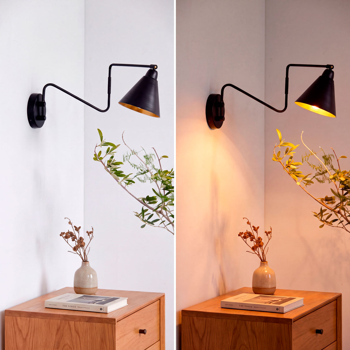 Aplique orientable emitiendo luz cálida sobre mesa de noche, optimizando el confort visual y la atmósfera.