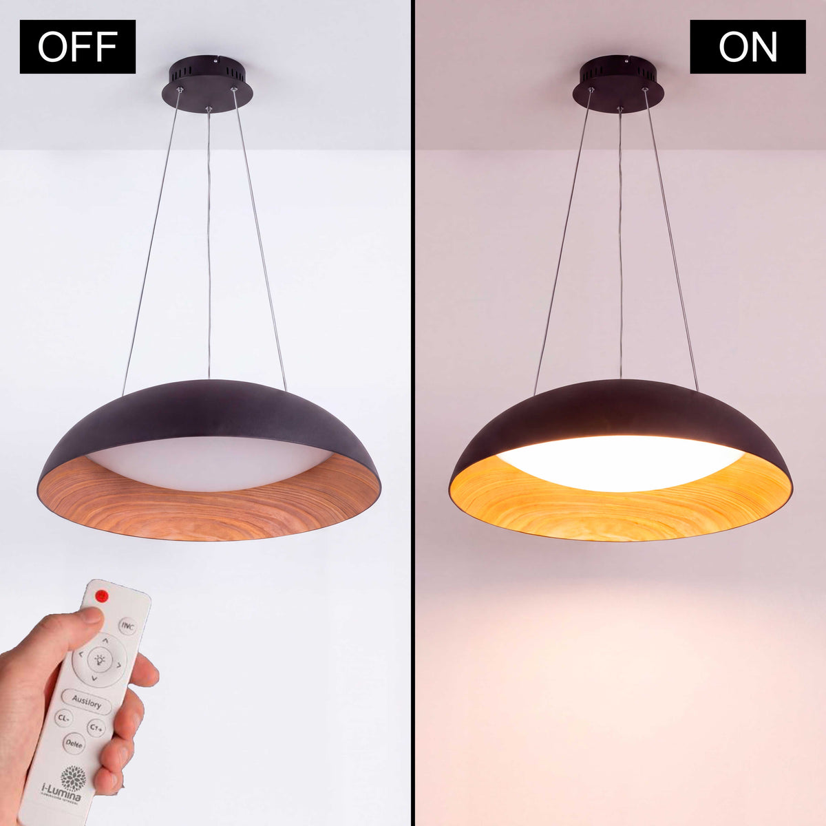 Contraste de encendido y apagado destacando el interior cálido en madera y cúpula negra de sobreponer suspendida.
