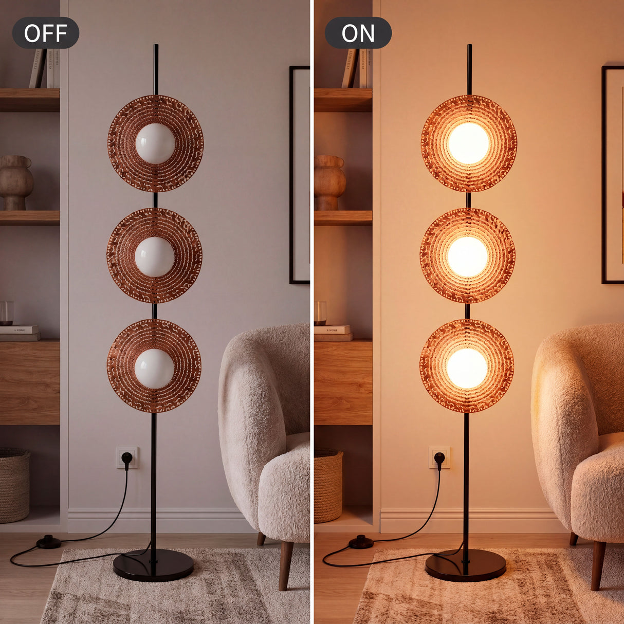 Contraste de flujo lumínico de tres focos integrados en una estructura de diseño contemporáneo.