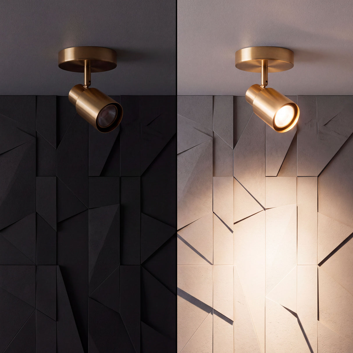Muestra del flujo luminoso y cambio de atmósfera sobre muro decorativo con relieve tridimensional.