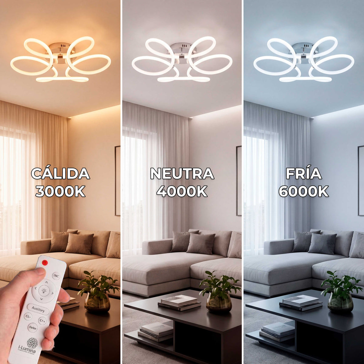 Demostración de temperatura de color de flujo luminoso regulable mediante control a distancia.