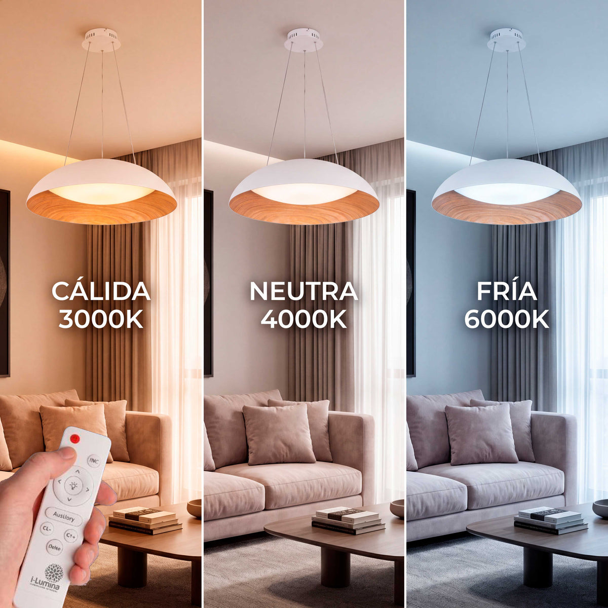 Eficiencia lumínica con selección de temperatura de color regulable a distancia para estancias de interiorismo moderno.