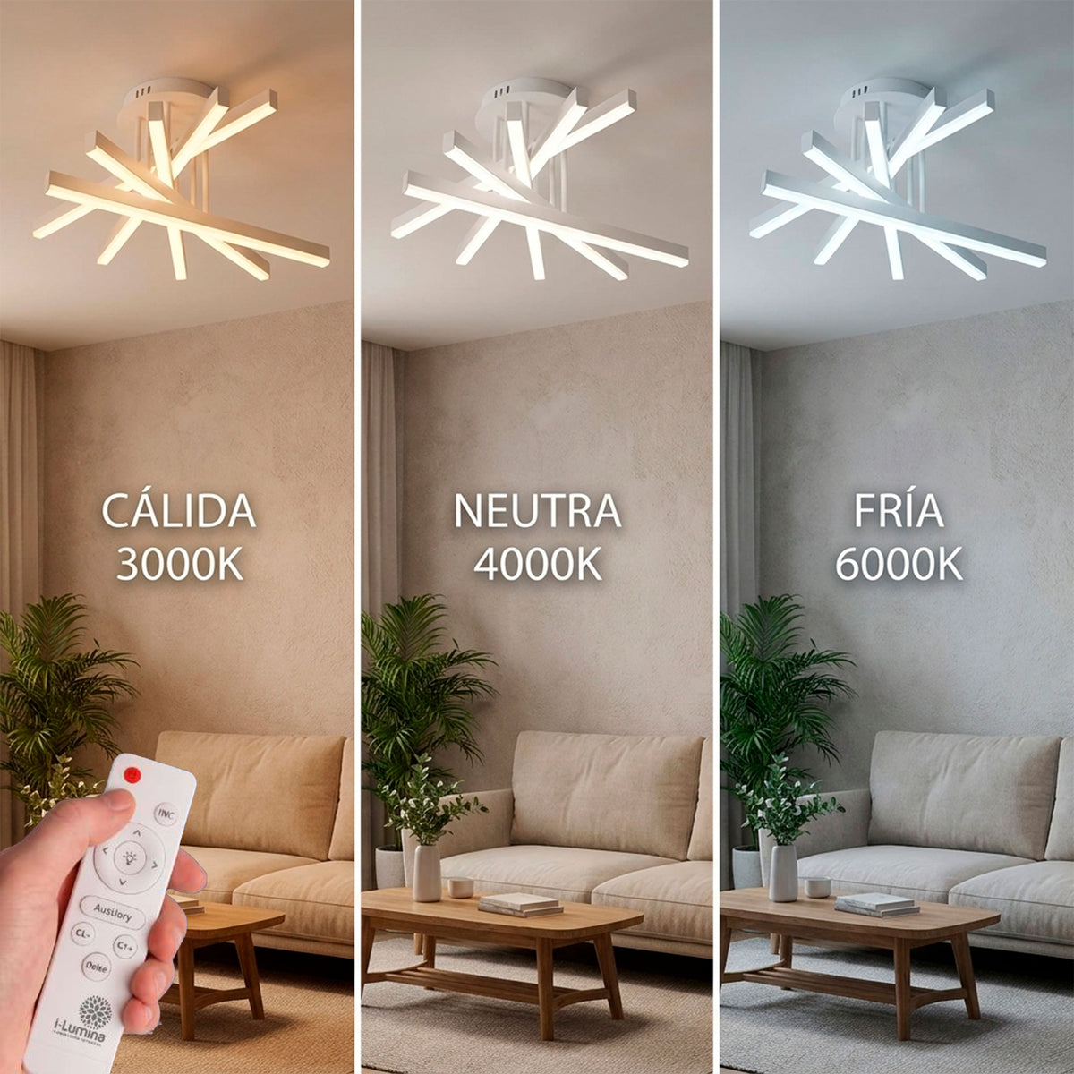 Demostración de temperatura de color de flujo luminoso regulable mediante control a distancia.