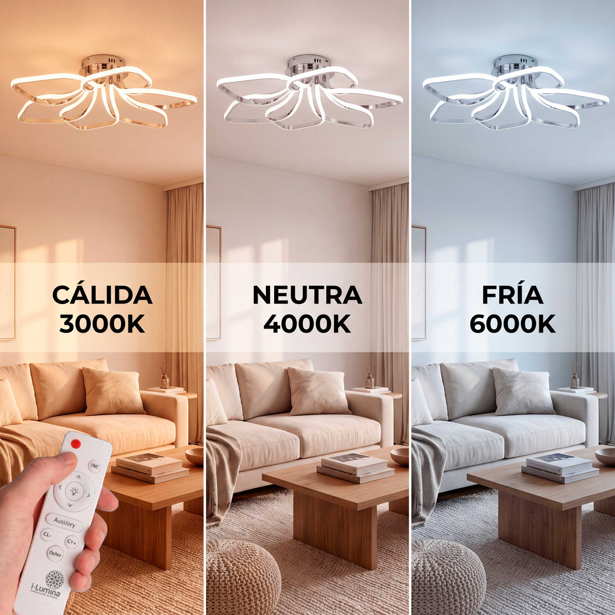 Demostración de temperatura de color de flujo luminoso regulable mediante control a distancia.
